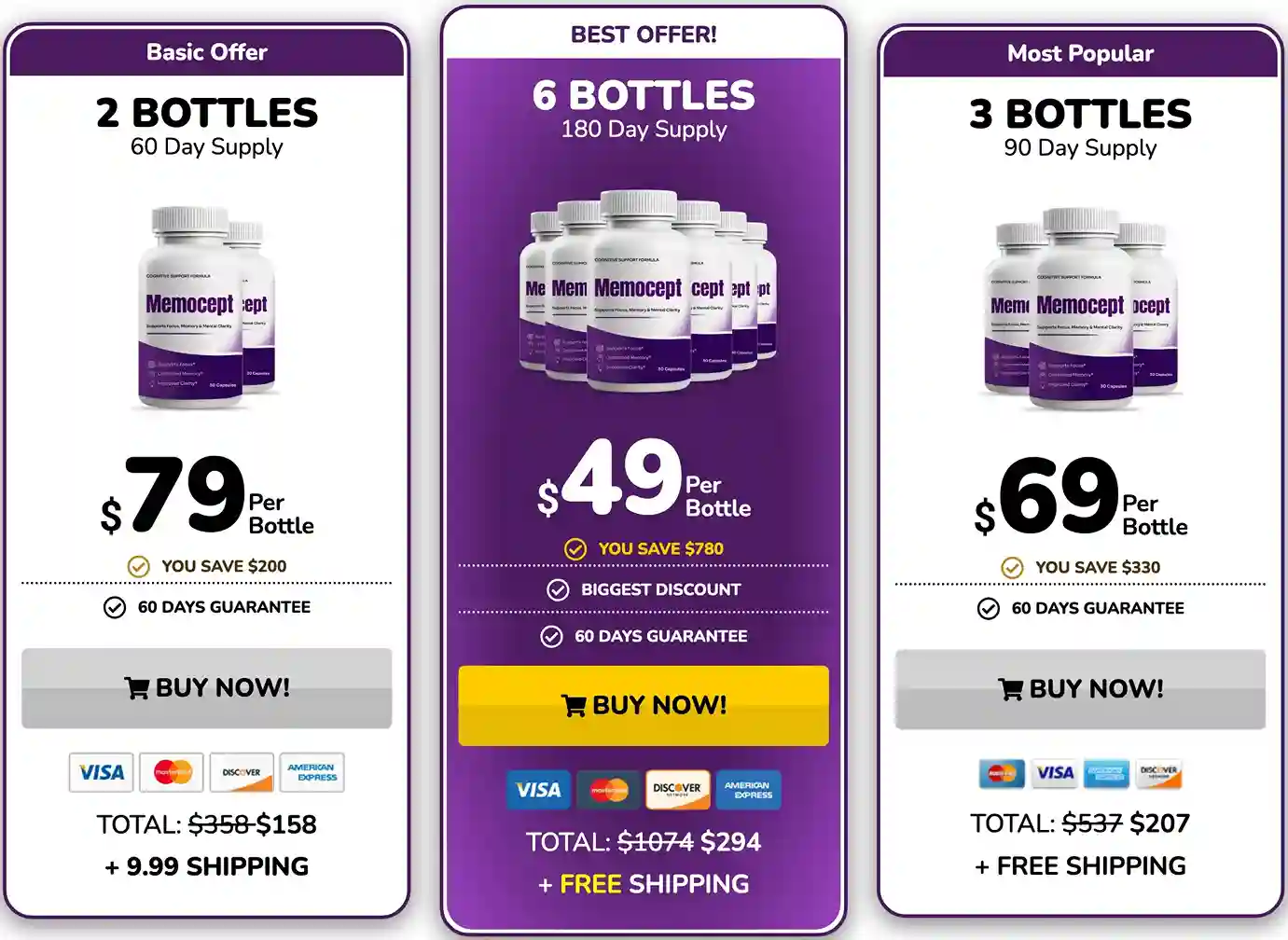 Memocept Pricing 2 Bottle 3 Bottle 6 Bottle Packages